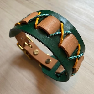 Leather and paracord dog collar, green-beige - &quot;Artemis&quot;