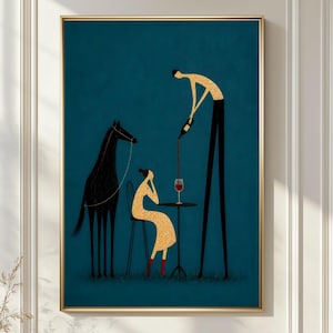 Minimalist Wine Couple Wall Art, Surreal Horse Illustration Print, Deep Blue Modern Figurative Painting, Elegant Lounge Decor Poster File