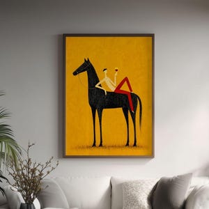 Modern Horse Rider Wall Art, Minimalist Figurative Painting, Wine Lover Artwork, Yellow Abstract Background Poster, Contemporary Boho Print