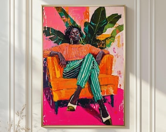 Bold Lounge Woman Wall Art, Colorful Abstract Portrait, Modern Figurative Painting, Vibrant Lounge Chair Print, Afro Female Striped Artwork