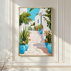 May include: Framed artwork depicting a sunlit Mediterranean scene. White buildings and stairs are adorned with vibrant blue pots filled with plants. The artwork features a gold frame and a bright blue sky.