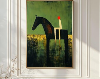 Abstract Horse Rider Painting, Minimalist Figurative Art, Modern Green Equine Wall Print, Textured Oil Style, Contemporary Canvas Poster