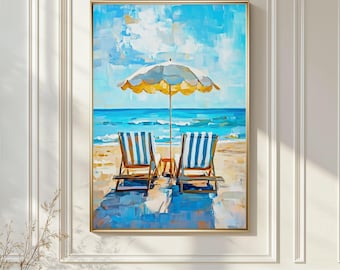 Beach Chairs Umbrella Wall Art, Coastal Ocean View Painting, Summer Seaside Decor, Blue Sky Vacation Artwork, Relaxing Modern Beach Print