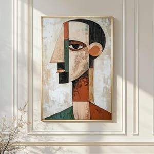 Abstract Cubist Face Wall Art, Modern Geometric Portrait, Neutral Earth Tone Painting, Minimalist Expression  Print, Contemporary Artwork