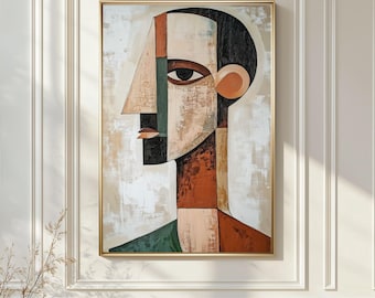 Abstract Cubist Face Wall Art, Modern Geometric Portrait, Neutral Earth Tone Painting, Minimalist Expression  Print, Contemporary Artwork