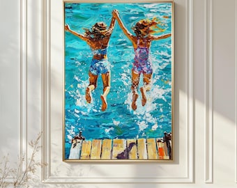 Summer Beach Friends Wall Art, Ocean Swim Girls Painting, Coastal Seaside Artwork, Turquoise Water Scene, Joyful Vacation Poster Print File