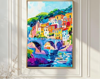 Mediterranean Coastal Village Wall Art, Colorful Seaside Houses Painting, European Town Landscape Print, Vibrant Travel Decor Poster File