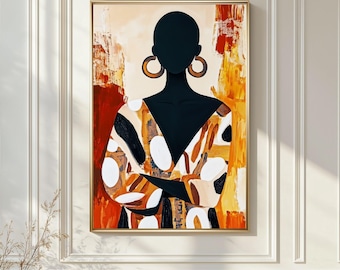 Abstract Black Woman Portrait Wall Art, Afro Minimalist Silhouette Painting, Modern Earth Tone Fashion Artwork, Terracotta Neutral Print