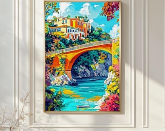 Amalfi Coast Bridge Wall Art, Mediterranean Coastal Village Print, Colorful Italian Landscape Painting, Seaside Travel Poster, Summer Decor