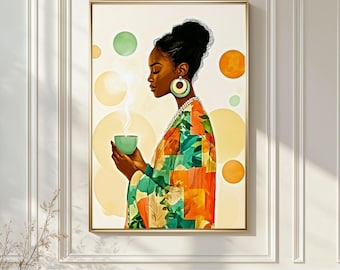 Abstract Black Woman Coffee Art Print, Afro Female Portrait, Modern Boho Wall Decor, Colorful Tea Illustration, Minimalist Elegant Poster