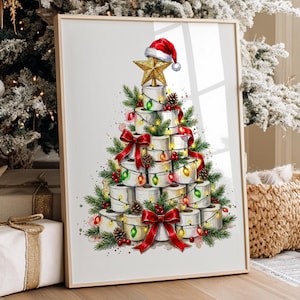 Aquarel toiletpapier boom met lichtjes en rode strikken, grappige kerst badkamer kunst aan de muur, afdrukbaar vakantie decor, humoristisch kerst toilet bestand