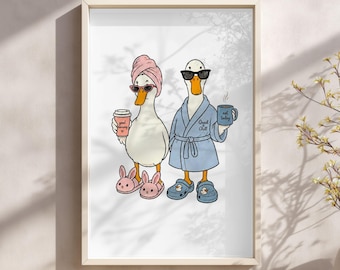 Rolig anka badrumsväggkonst, gås morgonkaffe illustration, inte idag humortryck, söt djurbadrumsdekor, mysig minimalistisk affischfil