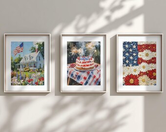 Patriotiskt blommigt flaggtryckset, bondgårdsdekor 4 juli (digital nedladdning)