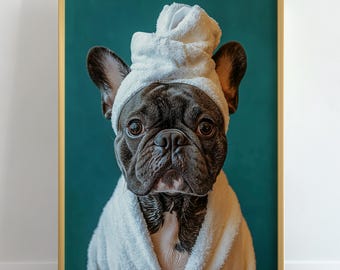 French Bulldog In Bathrobe Wall Art, Spa Day Frenchie Print, Funny Towel Dog Portrait, Bathroom Humor Decor, Quirky Animal Poster Printable