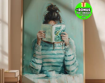 Konsttryck med kvinna som läser en bok, Emerald Mint Abstract (digital nedladdning)
