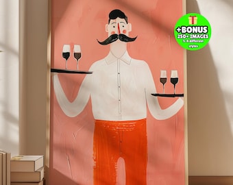 Abstract Waiter Wine Print, Modern Kitchen Bar Decor (Digital Download)