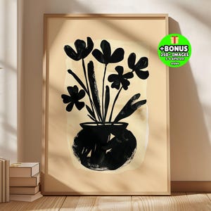 Minimalist Black Vase Wall Art Print, Abstract Florals Digital Download, Neutral Beige Botanical Decor, Modern Living Room Large Poster File