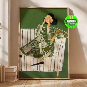 Abstrakt kvinna smaragdgrönt konsttryck, modern modeillustration (digital nedladdning)