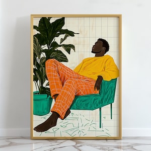 Moderne schwarze Mann entspannte Wandkunst, abstraktes maskulines Dekor, Urban Interior Kunstwerk, Afro-Mode männlicher Druck, karierte Hose gelber Pullover