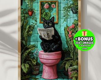Funny Black Cat Bathroom Print, Reading Newspaper, Vintage Restroom Decor (JPEG Digital Download)