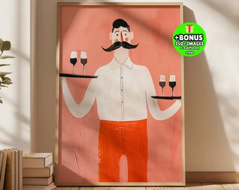 Abstract Waiter Wine Print, Modern Kitchen Bar Decor (Digital Download)