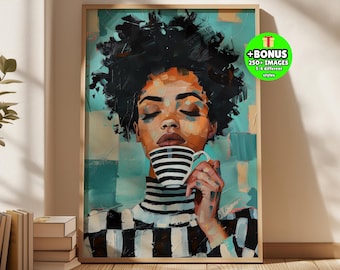 Abstract Woman Coffee Print, Contemporary Black Girl, Teal Earth Tones, Neutral Poster, Emerald Green, Large Wall Art, Black & White Stripes