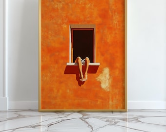 Mediterranean Window Wall Art, Warm Sunny Summer, Woman Legs Feminine Print, Minimalist Orange Surreal Poster, Bold Minimalist, Book Lover