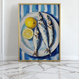 Sardines and Lemons Impasto-kunstprint, mediterraan keukendecor (digitale download)