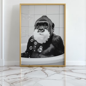Funny Gorilla Bath Print, Bubble Beard Photo, Quirky Bathroom Wall Art Printable, Monkey in Bathtub Poster Black White Animal Restroom Decor