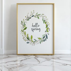 Hello Spring Wreath Print, Botanical Watercolor Art (Digital Download)