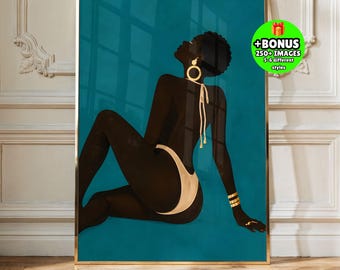 Black Woman Wall Art, Teal Gold Fashion Print, Afro Silhouette Poster, Elegant Swimsuit Figure, Modern Glam Decor, Luxury Feminine Swim Art