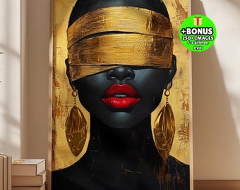 Abstrakt guldfärgad ögonbindel kvinnaporträtt, svart flicka väggkonst, afro modekonstverk, modern glamour poster, elegant inredning, lyxigt feminint tryck