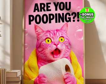 Rolig rosa katt badrum väggkonsttryck, bajsar du poster, udda toalettpapper kattdekor, humoristisk toalettkonst gåva utskrivbar fil