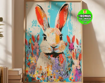 Colorful Bunny Wall Art, Rabbit Nursery Print, Whimsical Animal Poster, Kids Room Decor, Modern Playroom Artwork, Vibrant Easter Gift Decor