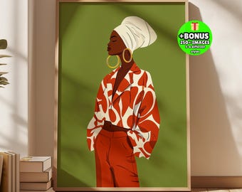 Afrocentric Woman Wall Art, Olive Green Fashion Portrait, Burnt Orange Outfit Print, Headwrap Lady Poster, Modern Boho Home Minimalist Art