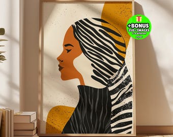 Afrocentric Woman Wall Art, Minimalist Black Female Profile, Tiger Stripe Hair Print, Burnt Orange Neutral Poster, Modern Boho Decor Canvas