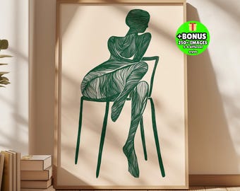 Minimalist Woman Line Art, Green Seated Figure Print, Modern Chair Illustration, Scandinavian Boho Poster, Neutral Feminine Gallery Decor