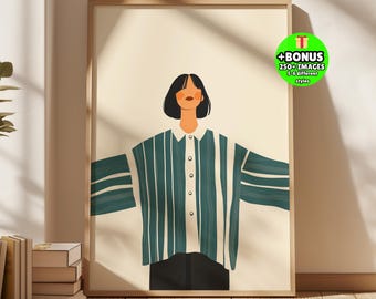 Minimalist Woman Wall Art, Teal Striped Shirt Print, Modern Fashion Illustration, Scandinavian Boho Poster, Neutral Home Decor Artwork Print