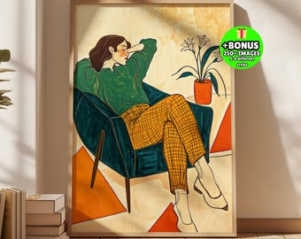 Relaxed Woman in Green Armchair Print, Modern Lounge Art (Digital Download)