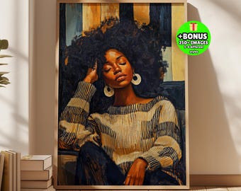 Black Woman Portrait, Afro Hair Oil Painting, Boho Art (Digital Download)