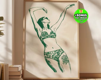 Minimalist Bikini Woman Line Art, Green Female Figure Print, Modern Fashion Print, Summer Swimwear Poster, Beige Boho Decor, Feminine file