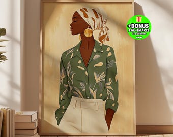 Black Woman Wall Art, Afrocentric Headwrap Portrait, African Fashion Illustration, Green Neutral Decor, Elegant Feminine Printable Download