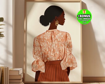 Black Woman Wall Art, Afrocentric Fashion Illustration, Floral Peach Blouse Poster, Neutral Feminine Decor, Elegant Back View, Modern Boho
