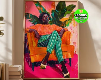 Bold Lounge Woman Wall Art, Colorful Abstract Portrait, Modern Figurative Painting, Vibrant Lounge Chair Print, Afro Female Striped Artwork