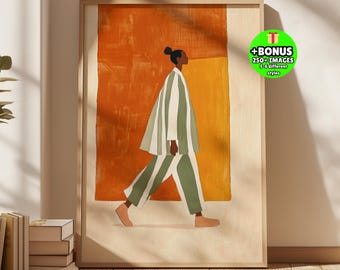 Minimalist Walking Woman Wall Art, Modern Fashion Figure Print, Afro Female Illustration, Terracotta Painting, Contemporary Neutral Poster