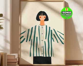 Minimalist Woman Wall Art, Modern Fashion Illustration, Striped Dress Portrait, Scandinavian Style Poster, Contemporary Figurative Print