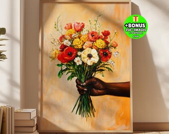 Afrocentric Floral Bouquet Art Print, Black Woman Hand, Modern Boho Decor (Digital Download)