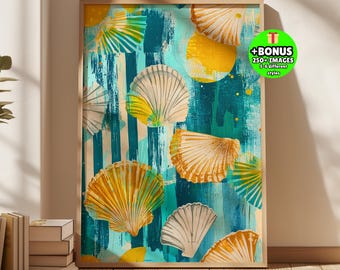 Neutral Seashell Wall Art Printable, Modern Abstract Beach Art, Teal & Sun Yellow Beach House Decor, Vibrant Coastal Poster, Ocean Painting