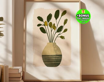 Minimalist Botanical Wall Art, Neutral Vase Print, Abstract Green Leaf Illustration, Scandinavian Boho Poster, Modern Beige Home Decor