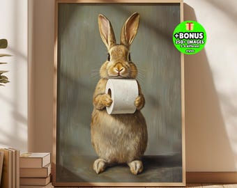 Funny Bunny Toilet Paper Wall Art, Rabbit Bathroom Decor, Vintage Animal Poster, Rustic Restroom Print, Whimsical Powder Room Gift, Digital